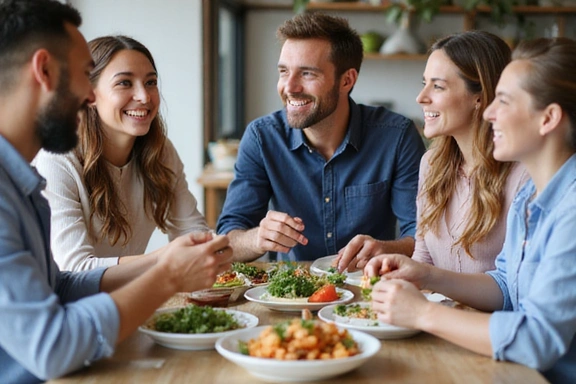 Diverse group of happy people eating healthy food together