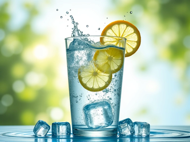 A crystal clear glass of water with ice and lemon slices, with a refreshing splash