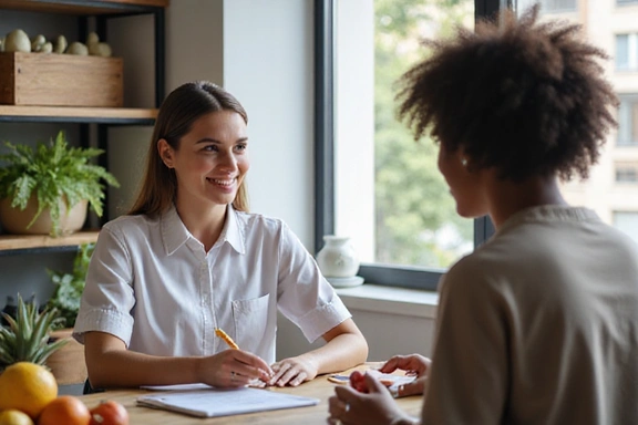 Nutritionist conducting an initial consultation with a client, discussing health goals and lifestyle.
