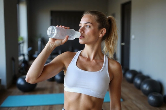 Athlete drinking water after a workout, with sports equipment in the background