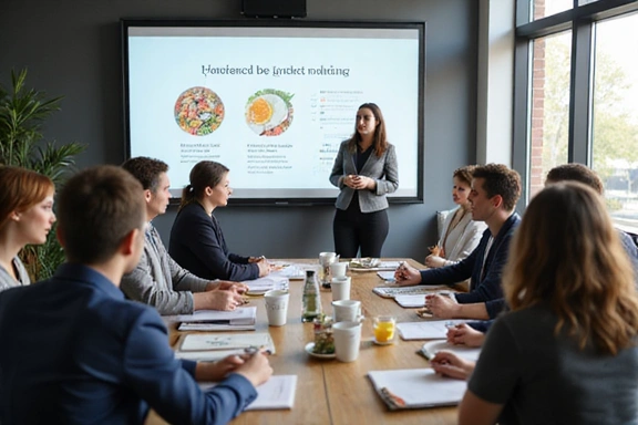 Group of diverse employees attending a nutrition seminar in an office