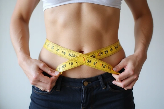 Person measuring waistline with a tape measure, symbolizing weight management